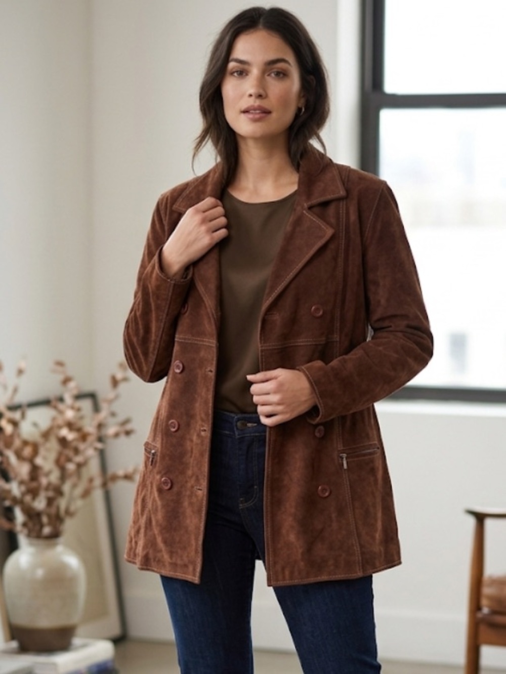 Y2K Urban Vibe Women’s Double-Breasted Brown Suede Coat Jacket Size L